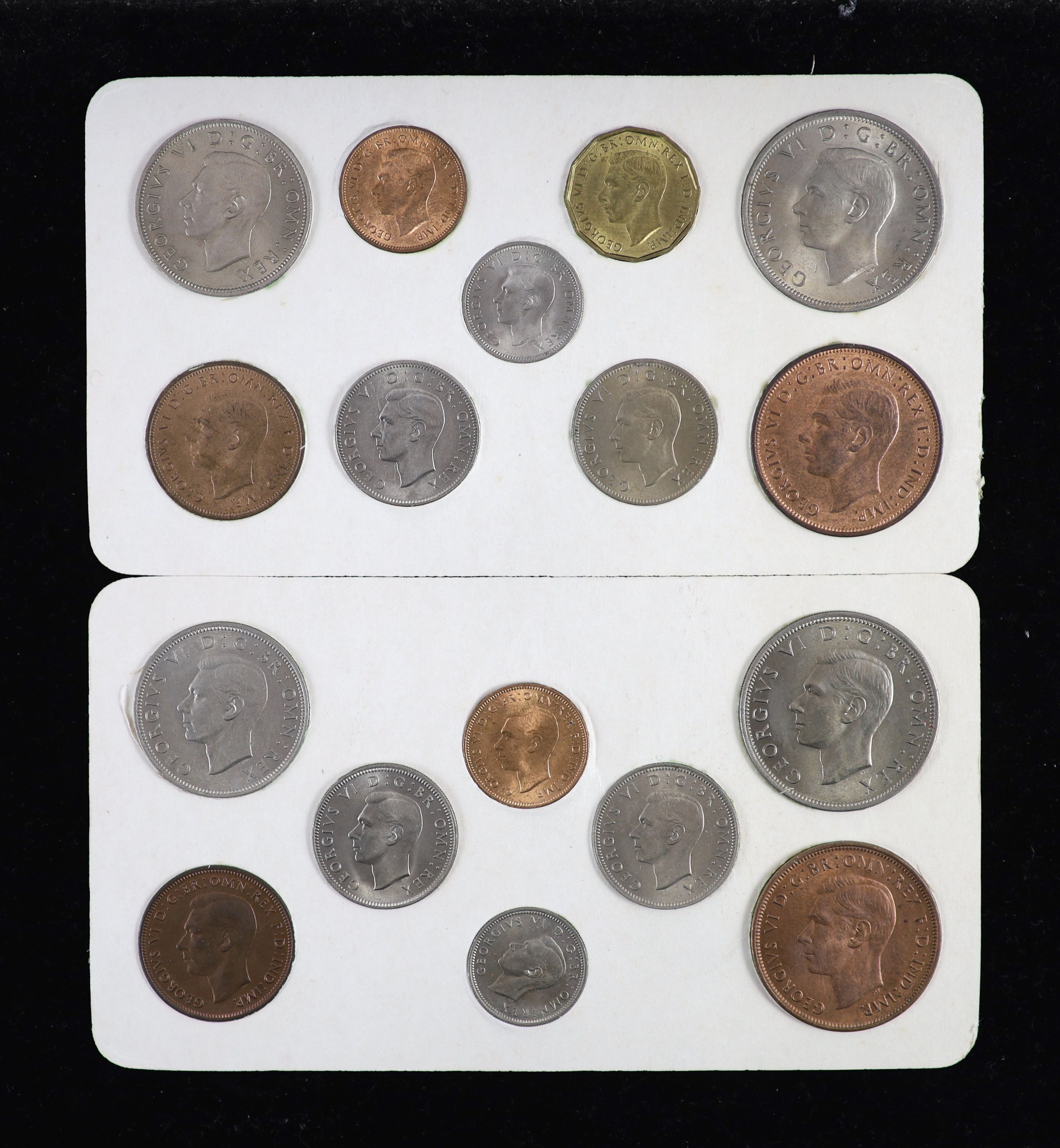 George VI specimen coin sets for 1947 and 1948, first issue, including 1948 brass threepence (S4112), good EF